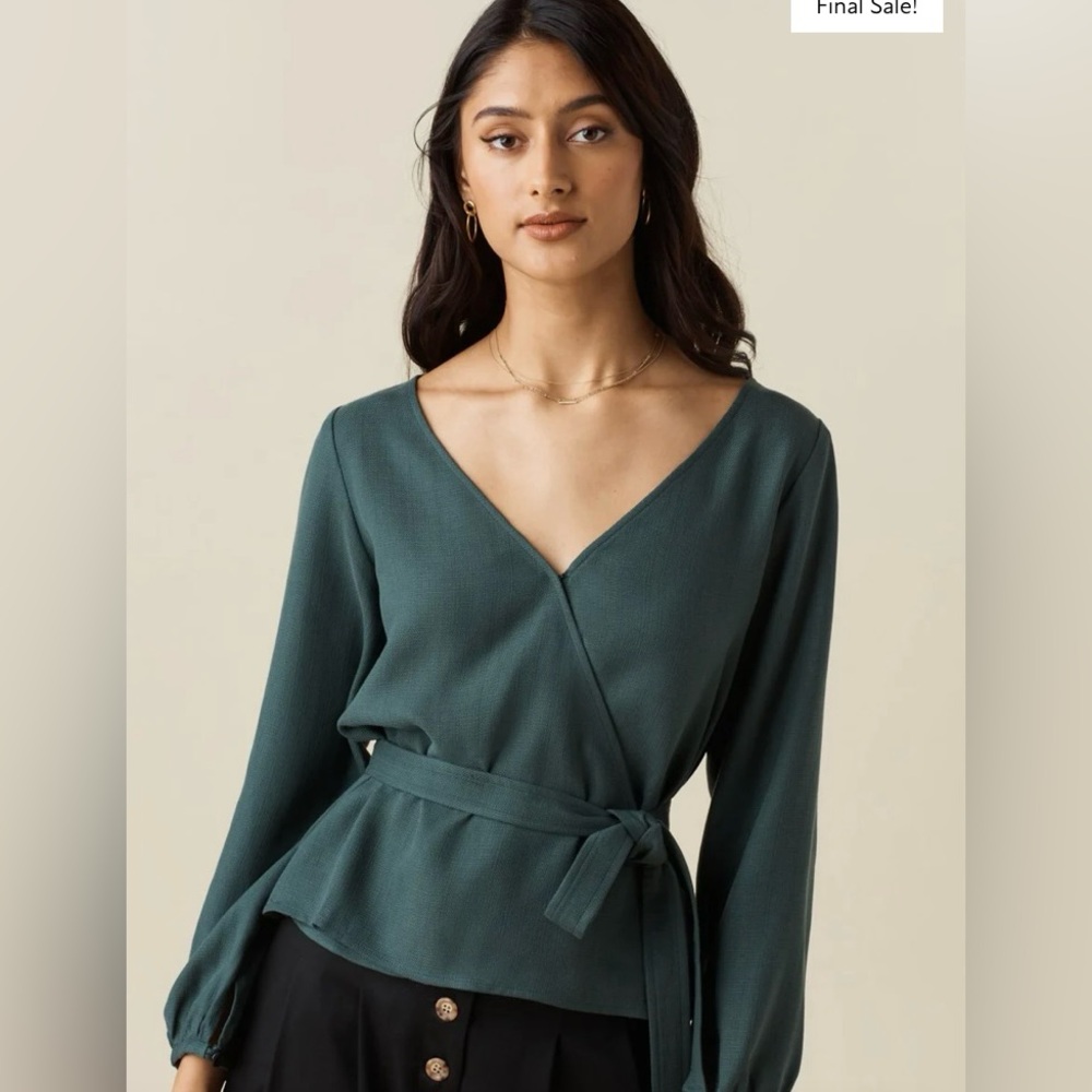 New Listing-VETTA Green Wrap Blouse with 3/4 Sleeves